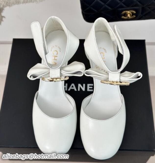 Good Looking Chanel Lambskin Pumps 9cm with Strass CC Bow and Ankle Strap White 1121006