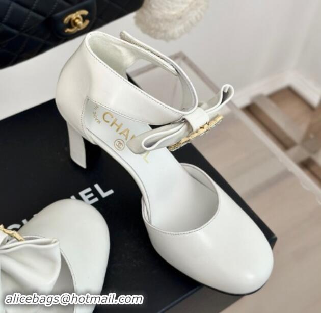 Good Looking Chanel Lambskin Pumps 9cm with Strass CC Bow and Ankle Strap White 1121006