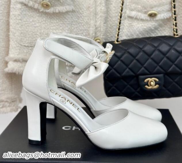 Good Looking Chanel Lambskin Pumps 9cm with Strass CC Bow and Ankle Strap White 1121006