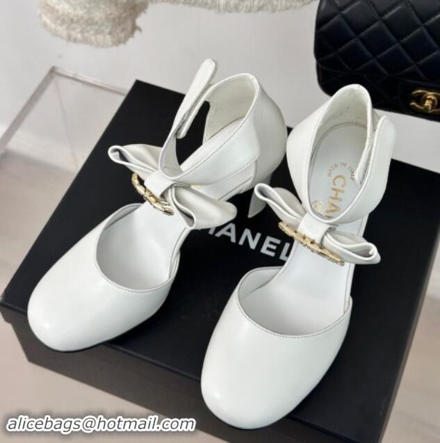 Good Looking Chanel Lambskin Pumps 9cm with Strass CC Bow and Ankle Strap White 1121006