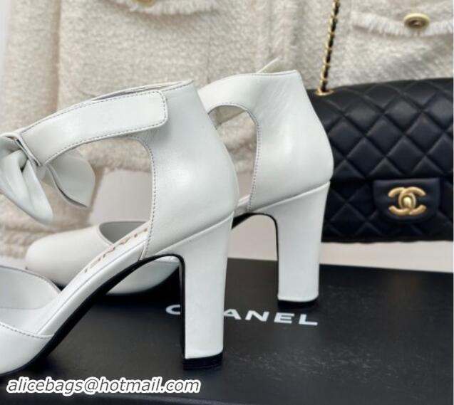 Good Looking Chanel Lambskin Pumps 9cm with Strass CC Bow and Ankle Strap White 1121006