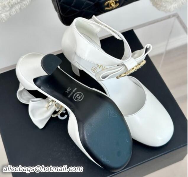 Good Looking Chanel Lambskin Pumps 9cm with Strass CC Bow and Ankle Strap White 1121006