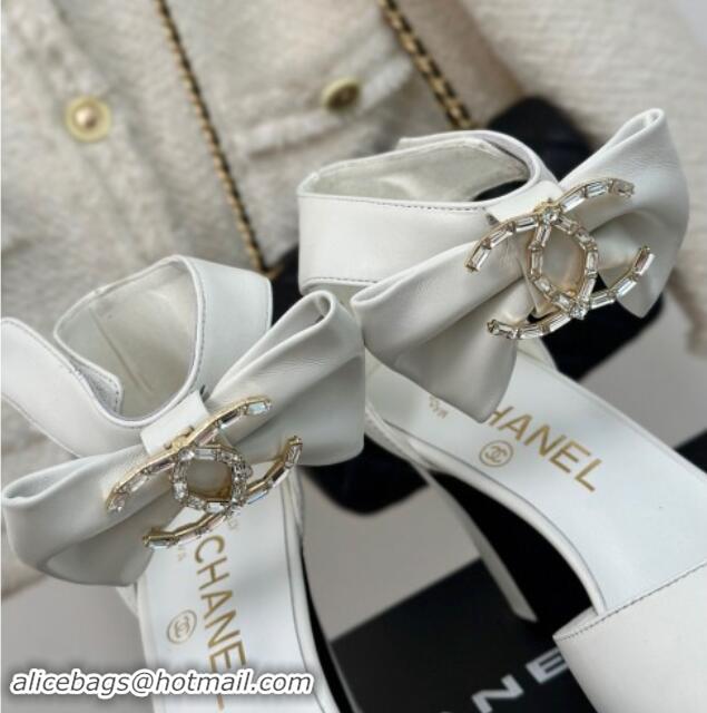 Good Looking Chanel Lambskin Pumps 9cm with Strass CC Bow and Ankle Strap White 1121006