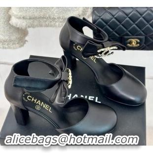 Durable Chanel Lambskin Pumps 9cm with Strass CC Bow and Ankle Strap Black 1121007