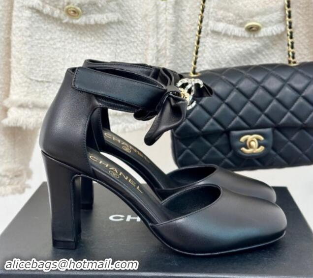 Durable Chanel Lambskin Pumps 9cm with Strass CC Bow and Ankle Strap Black 1121007