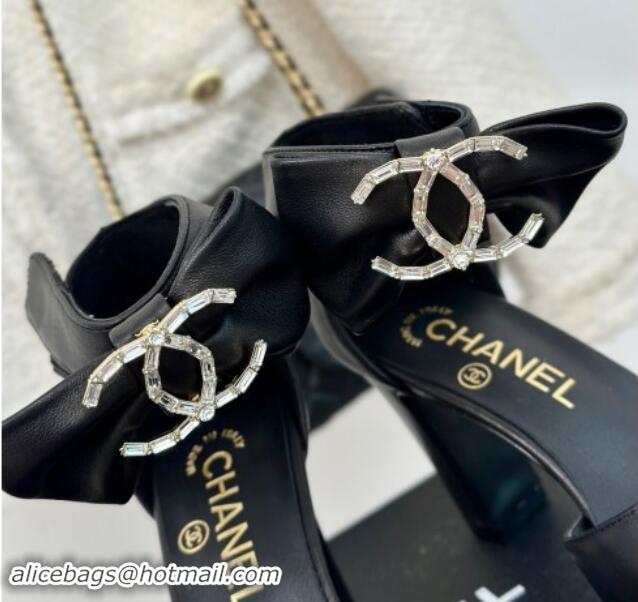 Durable Chanel Lambskin Pumps 9cm with Strass CC Bow and Ankle Strap Black 1121007