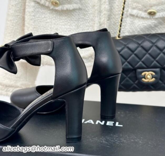 Durable Chanel Lambskin Pumps 9cm with Strass CC Bow and Ankle Strap Black 1121007