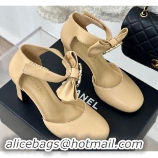 Duplicate Chanel Lambskin Pumps 9cm with Strass CC Bow and Ankle Strap Beige 1121008