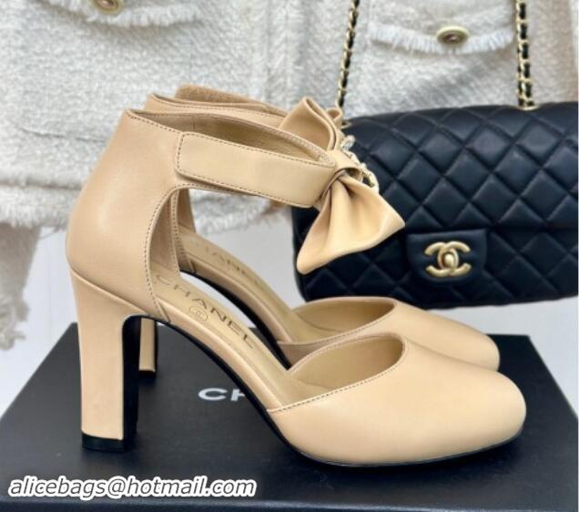 Duplicate Chanel Lambskin Pumps 9cm with Strass CC Bow and Ankle Strap Beige 1121008