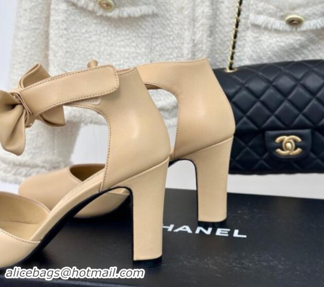 Duplicate Chanel Lambskin Pumps 9cm with Strass CC Bow and Ankle Strap Beige 1121008