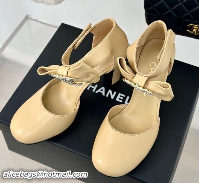 Duplicate Chanel Lambskin Pumps 9cm with Strass CC Bow and Ankle Strap Beige 1121008