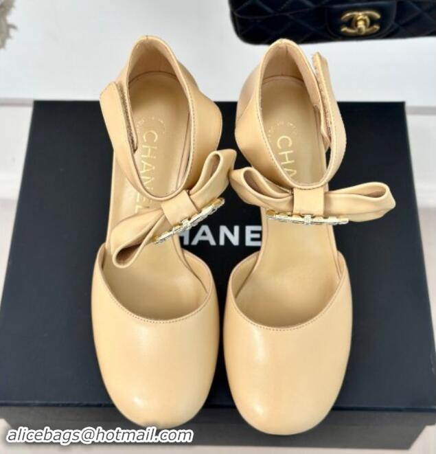 Duplicate Chanel Lambskin Pumps 9cm with Strass CC Bow and Ankle Strap Beige 1121008