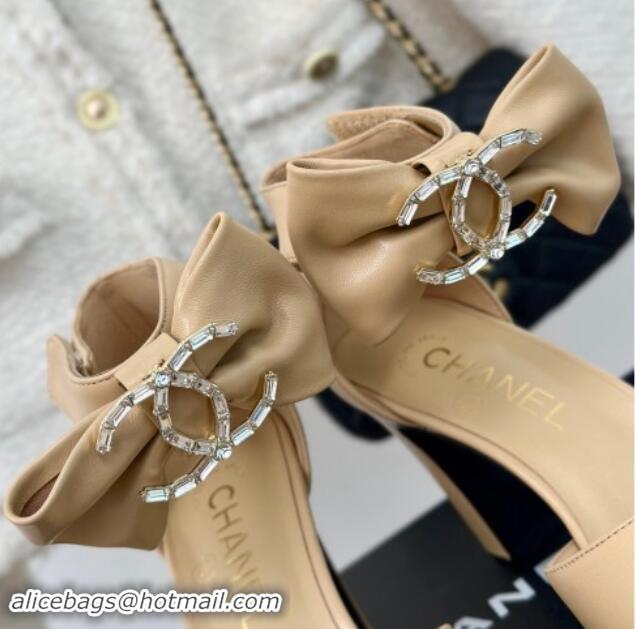 Duplicate Chanel Lambskin Pumps 9cm with Strass CC Bow and Ankle Strap Beige 1121008