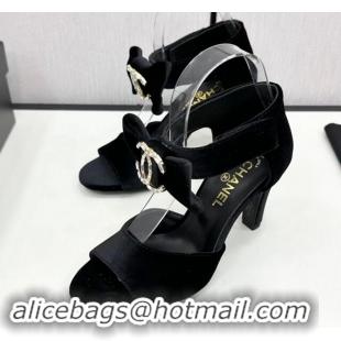 Buy Luxury Chanel Velvet Heel Sandals 9.5cm with Strass CC Bow and Ankle Strap Black 121009