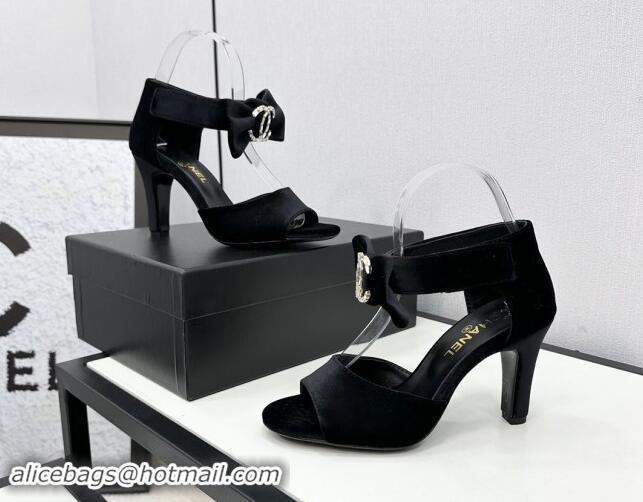 Buy Luxury Chanel Velvet Heel Sandals 9.5cm with Strass CC Bow and Ankle Strap Black 121009