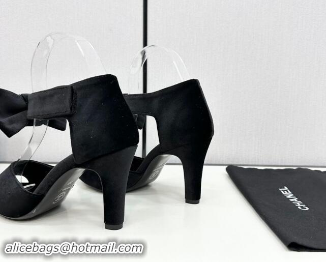 Buy Luxury Chanel Velvet Heel Sandals 9.5cm with Strass CC Bow and Ankle Strap Black 121009