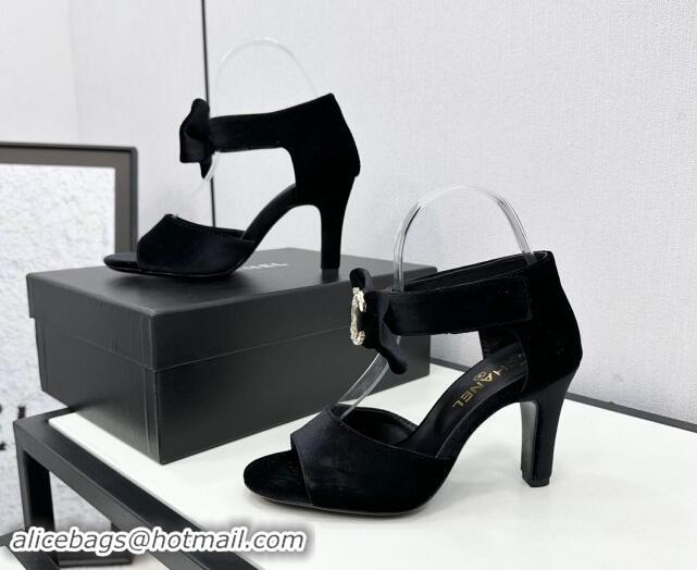 Buy Luxury Chanel Velvet Heel Sandals 9.5cm with Strass CC Bow and Ankle Strap Black 121009