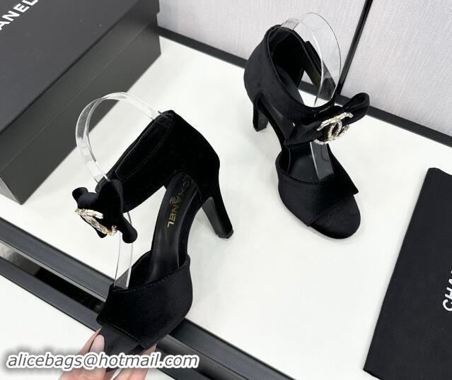 Buy Luxury Chanel Velvet Heel Sandals 9.5cm with Strass CC Bow and Ankle Strap Black 121009