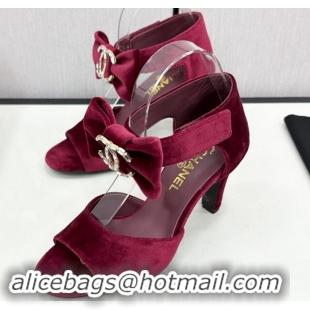 Buy Discount Chanel Velvet Heel Sandals 9.5cm with Strass CC Bow and Ankle Strap Burgundy 1121010