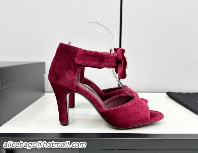 Buy Discount Chanel Velvet Heel Sandals 9.5cm with Strass CC Bow and Ankle Strap Burgundy 1121010