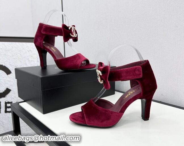 Buy Discount Chanel Velvet Heel Sandals 9.5cm with Strass CC Bow and Ankle Strap Burgundy 1121010