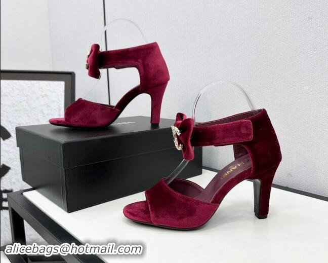 Buy Discount Chanel Velvet Heel Sandals 9.5cm with Strass CC Bow and Ankle Strap Burgundy 1121010