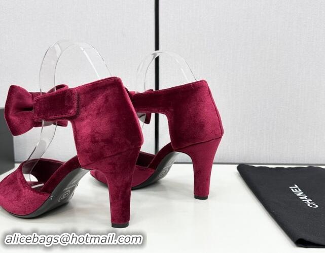 Buy Discount Chanel Velvet Heel Sandals 9.5cm with Strass CC Bow and Ankle Strap Burgundy 1121010