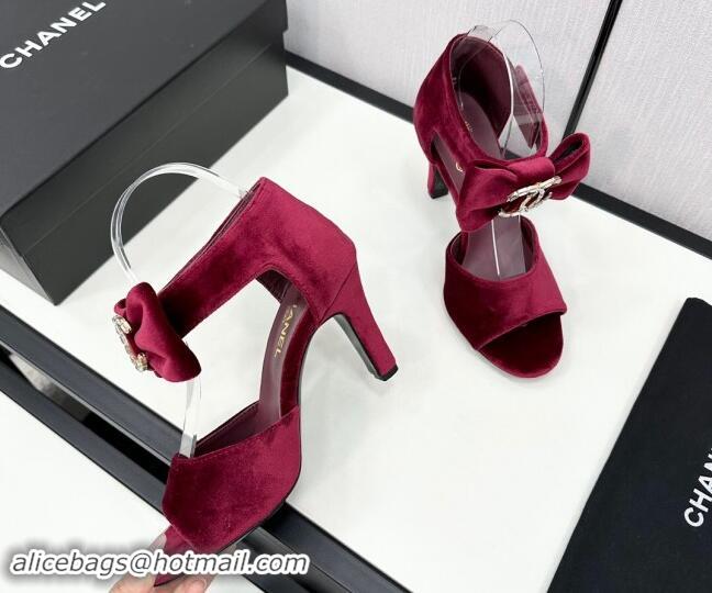 Buy Discount Chanel Velvet Heel Sandals 9.5cm with Strass CC Bow and Ankle Strap Burgundy 1121010