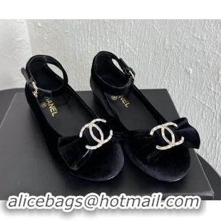 Charming Chanel Velvet Mary Janes Ballet Flats with Strass CC Bow G46022 Black 1121009