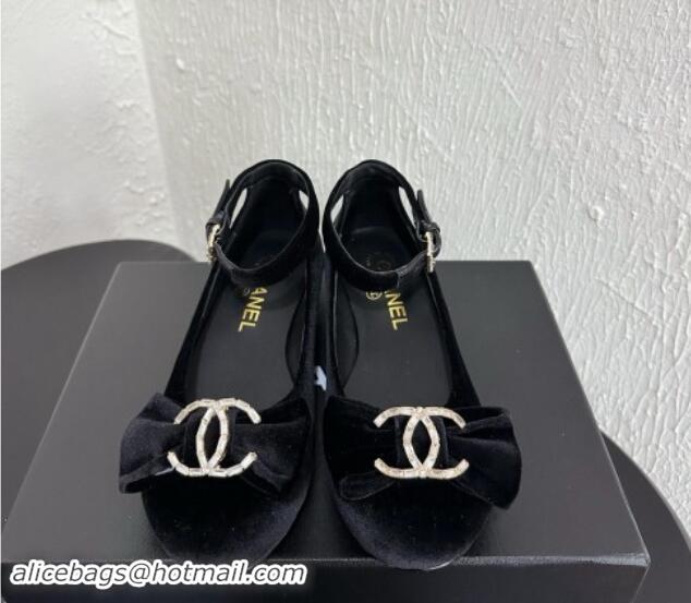 Charming Chanel Velvet Mary Janes Ballet Flats with Strass CC Bow G46022 Black 1121009