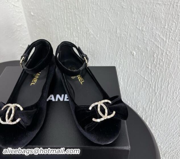 Charming Chanel Velvet Mary Janes Ballet Flats with Strass CC Bow G46022 Black 1121009