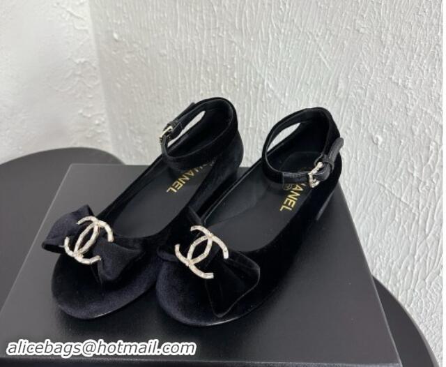 Charming Chanel Velvet Mary Janes Ballet Flats with Strass CC Bow G46022 Black 1121009