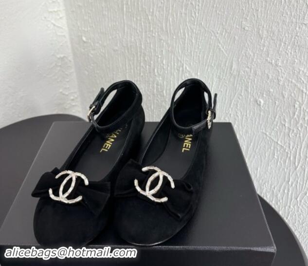 Charming Chanel Velvet Mary Janes Ballet Flats with Strass CC Bow G46022 Black 1121009