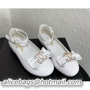 Top Design Chanel Calfskin Leather Mary Janes Ballet Flats with Strass CC Bow G46022 White 1121010