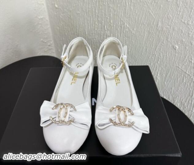 Top Design Chanel Calfskin Leather Mary Janes Ballet Flats with Strass CC Bow G46022 White 1121010