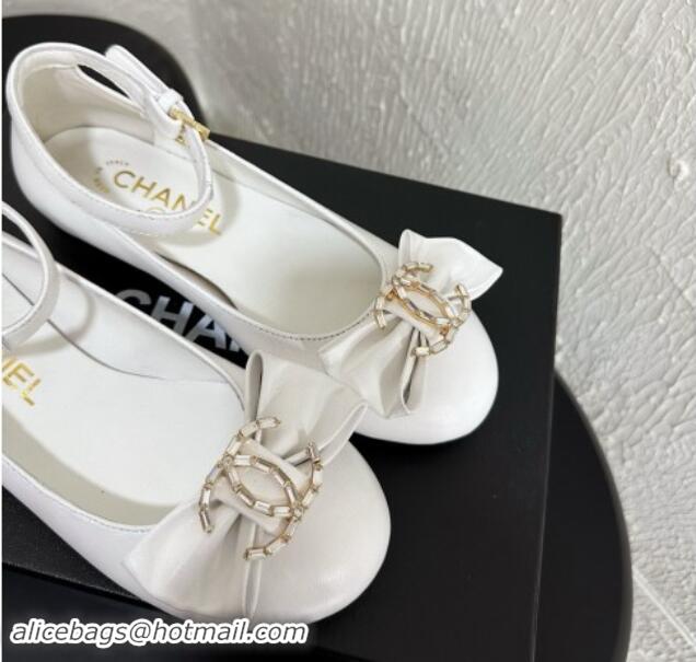 Top Design Chanel Calfskin Leather Mary Janes Ballet Flats with Strass CC Bow G46022 White 1121010