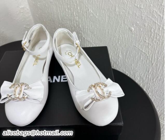 Top Design Chanel Calfskin Leather Mary Janes Ballet Flats with Strass CC Bow G46022 White 1121010