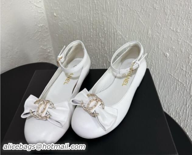 Top Design Chanel Calfskin Leather Mary Janes Ballet Flats with Strass CC Bow G46022 White 1121010