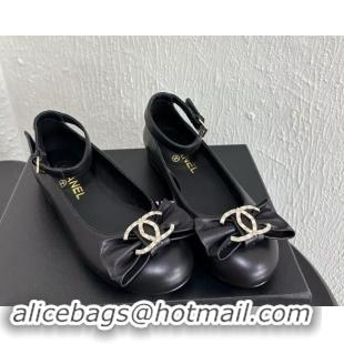 Stylish Chanel Calfskin Leather Mary Janes Ballet Flats with Strass CC Bow G46022 Black 1121011