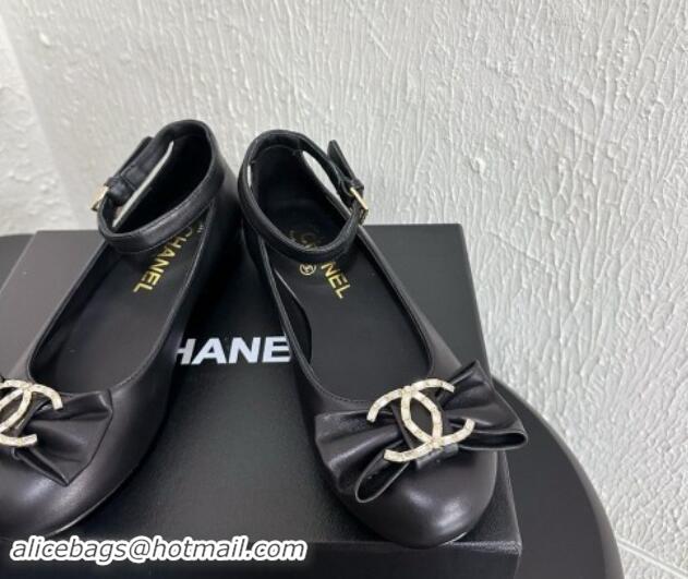 Stylish Chanel Calfskin Leather Mary Janes Ballet Flats with Strass CC Bow G46022 Black 1121011