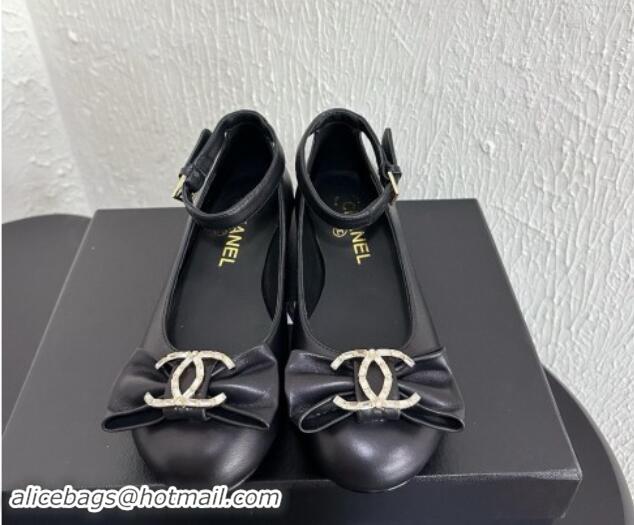 Stylish Chanel Calfskin Leather Mary Janes Ballet Flats with Strass CC Bow G46022 Black 1121011