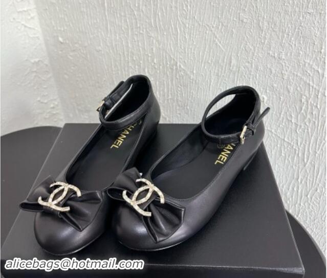 Stylish Chanel Calfskin Leather Mary Janes Ballet Flats with Strass CC Bow G46022 Black 1121011