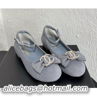 Big Discount Chanel Suede Mary Janes Ballet Flats with Strass CC Bow G46022 Grey 1121012