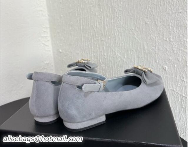 Big Discount Chanel Suede Mary Janes Ballet Flats with Strass CC Bow G46022 Grey 1121012