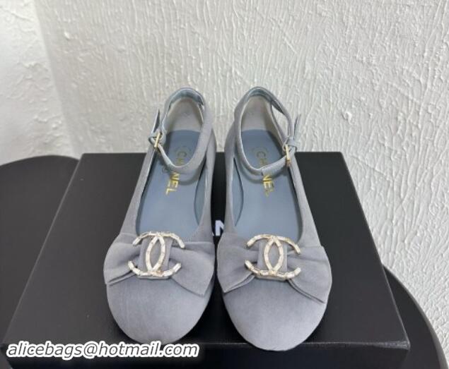 Big Discount Chanel Suede Mary Janes Ballet Flats with Strass CC Bow G46022 Grey 1121012