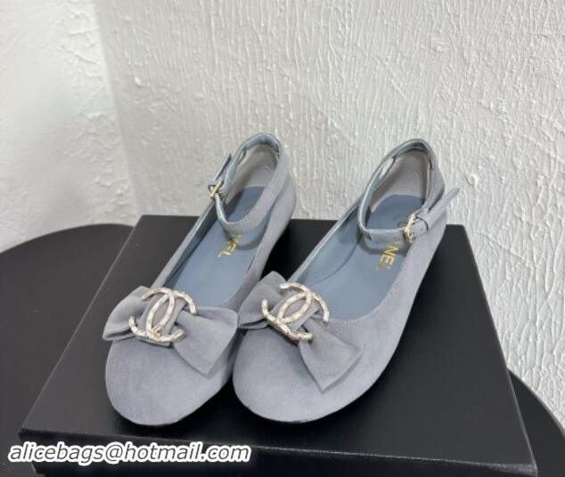 Big Discount Chanel Suede Mary Janes Ballet Flats with Strass CC Bow G46022 Grey 1121012