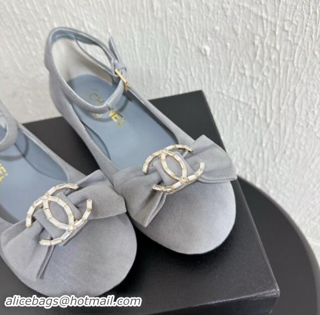 Big Discount Chanel Suede Mary Janes Ballet Flats with Strass CC Bow G46022 Grey 1121012