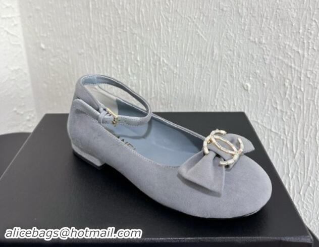 Big Discount Chanel Suede Mary Janes Ballet Flats with Strass CC Bow G46022 Grey 1121012