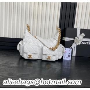 Hot Sell Cheap Chanel Shiny Lambskin Large Hobo Bag AS5339 White 2024