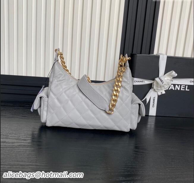 Promotional Chanel Shiny Lambskin Large Hobo Bag AS5339 Light Grey 2024